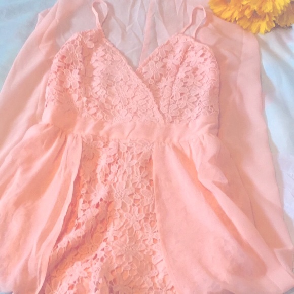 ❌DONATED❌Peach Blush Crochet Floral Lace Detailed Lined Maxi Romper - Picture 5 of 15